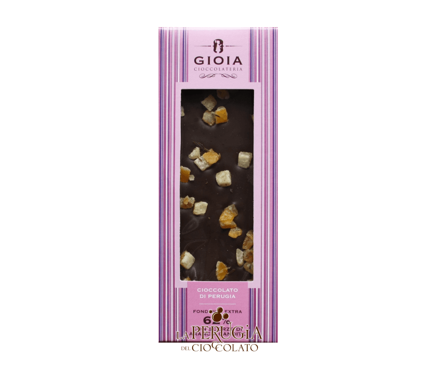 Tavoletta di cioccolato fondente 62% con scorze di arancia candite Gioia Cioccolateria