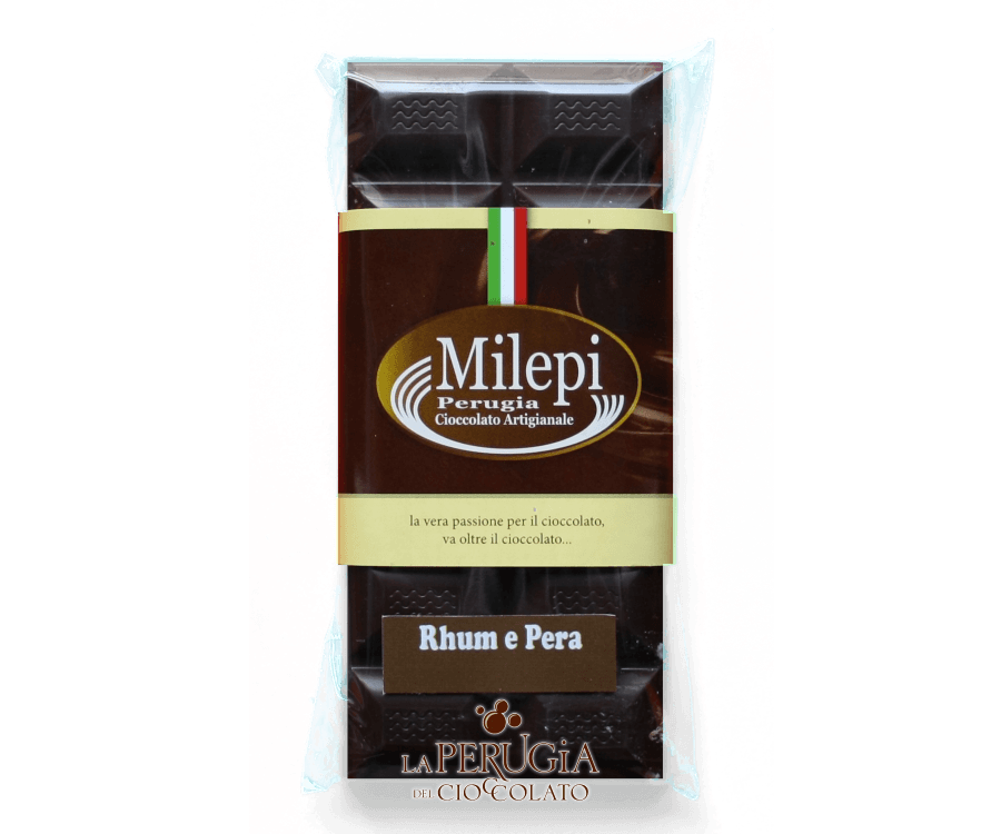 Tavoletta di cioccolato fondente Extra ripiena di crema al Rhum e Pera